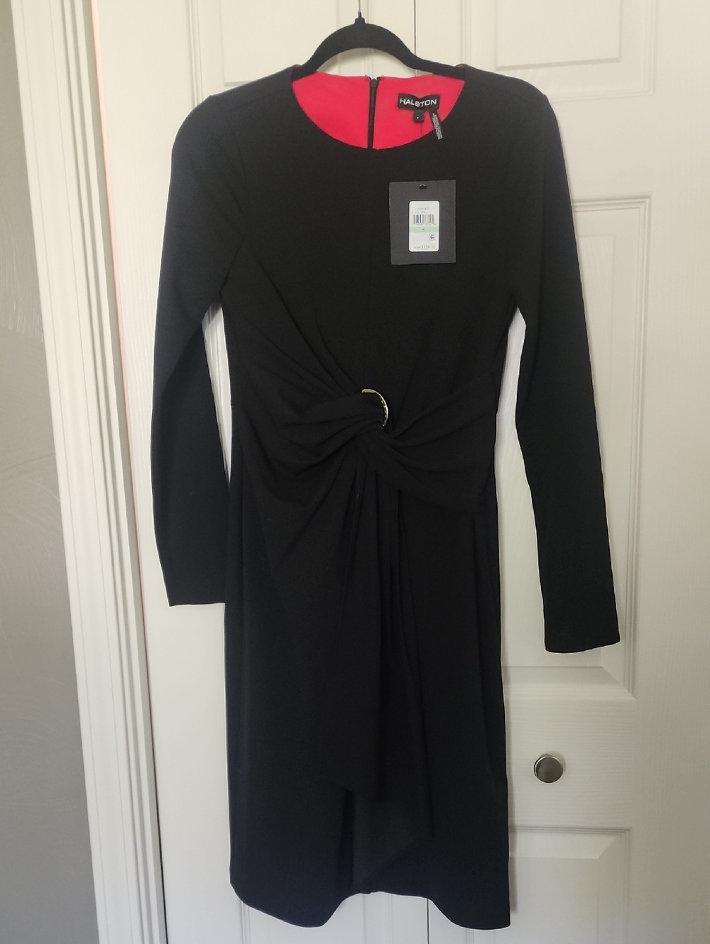 Halston Heritage Black Long-Sleeve Twist Dress with Gold Ring